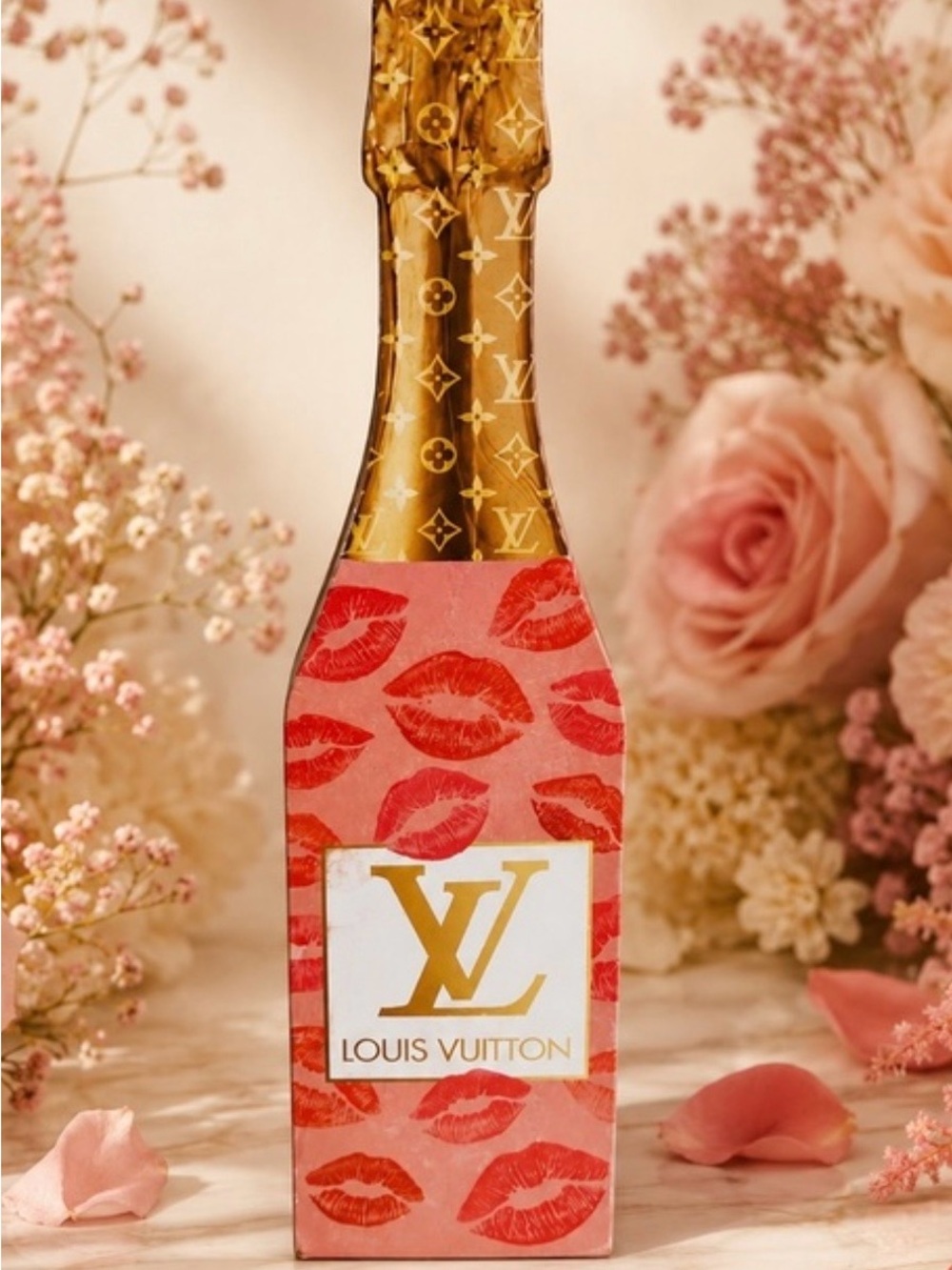 Louis Vuitton Pink Bottle with Red Lipprint and Gold Logo